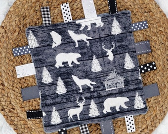 Rustic Woodland Crinkle Tag Toy, Baby Sensory Square, Baby Gift
