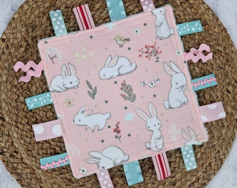 Pink Bunny Crinkle Toy, Girls Sensory Square, Baby Easter Gift