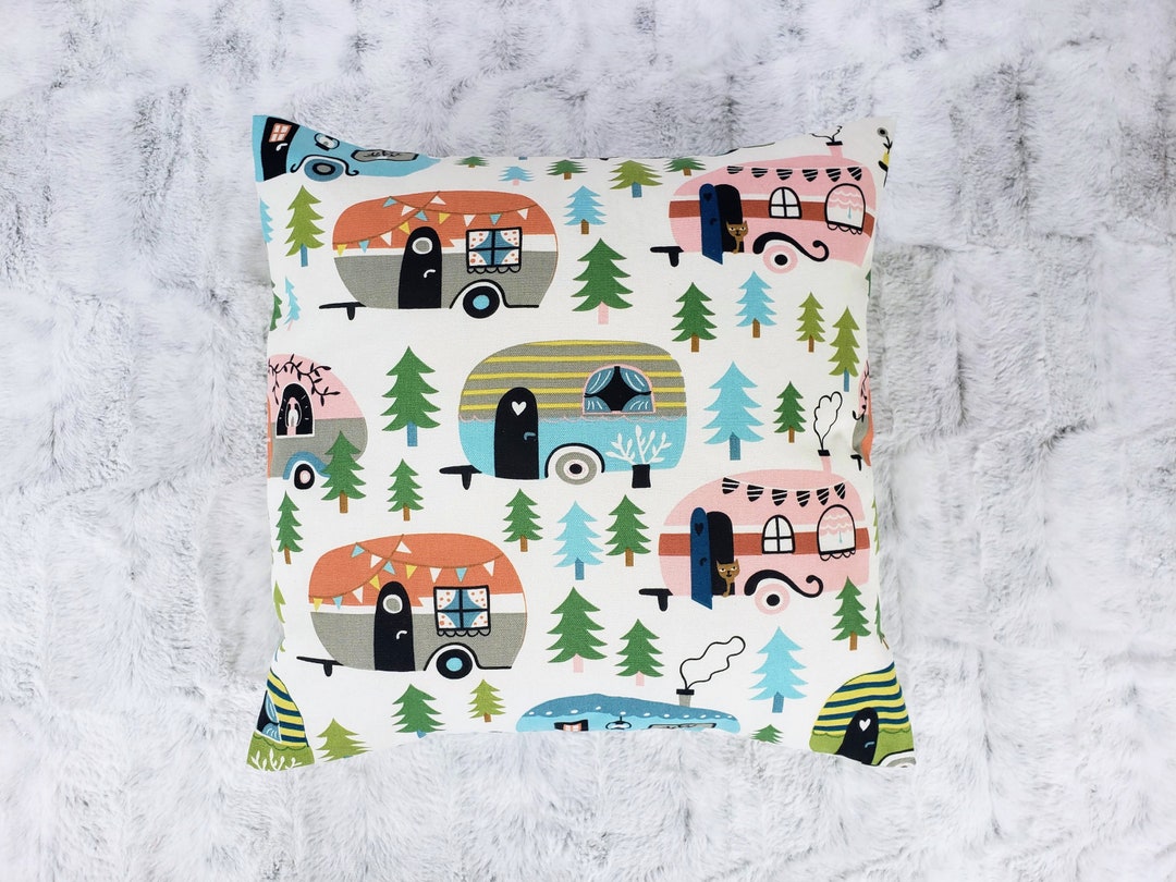 Happy Camper Canvas Pillow Cover, Vintage Trailer Pillow Cover, Happy