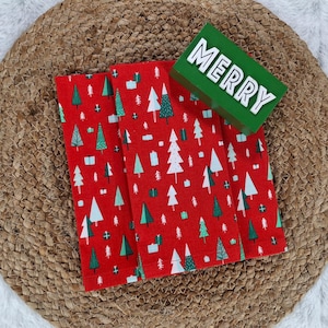 Handmade Christmas Tree Cloth Napkins: Red Cotton Holiday Table Linen