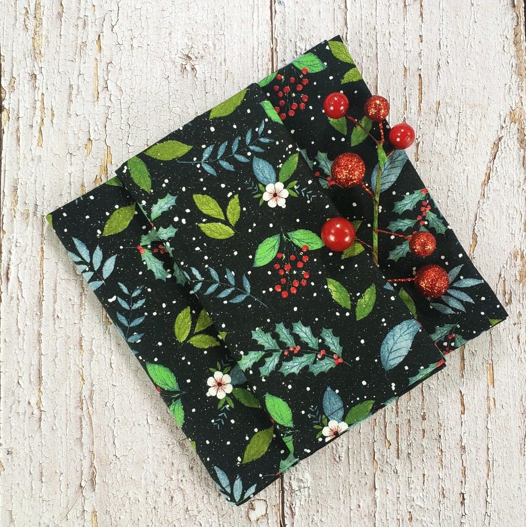 Christmas Cloth Napkins, Berries and Leaves Christmas Napkins, Holly Glitter Christmas Cloth