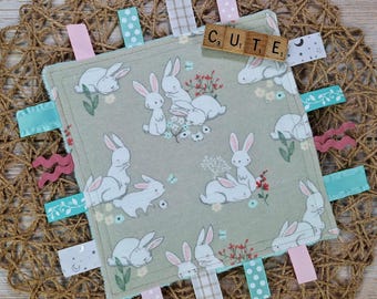 Bunny Rabbit Crinkle Tag Toy, Baby Girl Soft Sensory Square