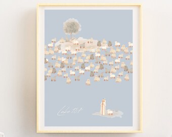 Jesus Leaves the 99 Parable of the Lost Sheep Good Shepherd Digital Print Sketch Jesus Art Bible Wall Art Blue Christian Nursery Decor Boy