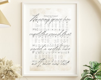 Amazing Grace Print Hymn Printable Vintage Sheet Music Instant Download Antique Hymn Scripture Wall Art Christian Wall Art Instant Download