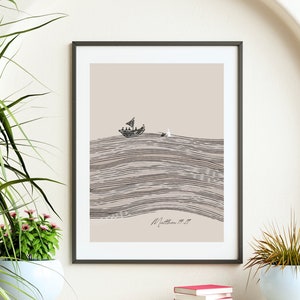 Jesus and Peter Walk on Water Digital Download Modern Bible Art Bible Verse Wall Art Jesus Print Bible Sketch Boho Scripture Home Decor