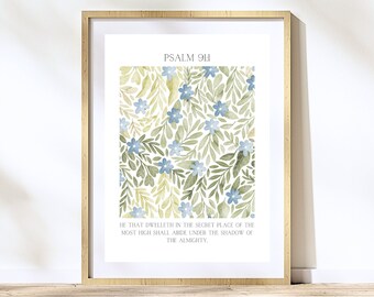 Psalm 91 Wall Art, Bible Verse Poster for Christians, Scripture Art Print, Floral Printable Wall Art, Nursery Decor, Housewarming gift