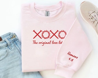 XOXO The Original Love Letters Embroidered Crewneck Sweatshirt with Sleeve Design (Red Letters)