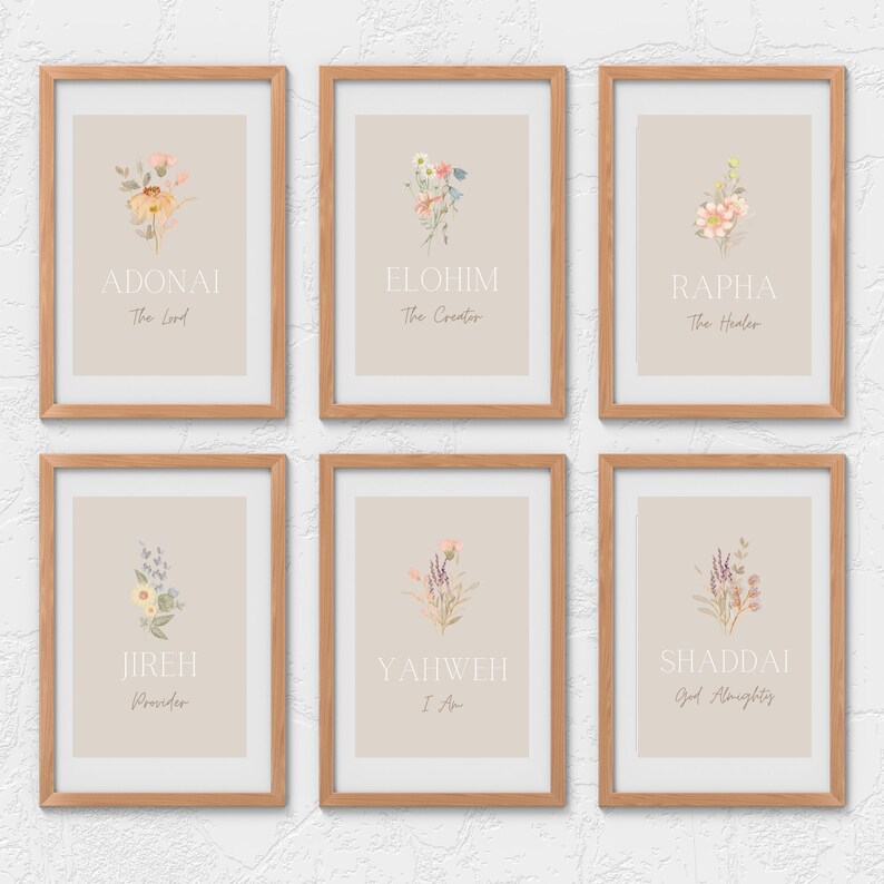 Set of 6 Christian Printable Names of God Digital Wall Art Yahweh Jireh ...