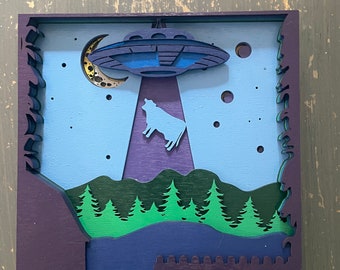 Multilayer 3-D Laser-Cut UFO Cow Abduction Wall Panel