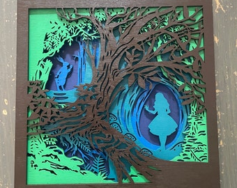 Multilayer 3-D Laser-Cut Alice in Wonderland Down the Rabbit Hole Wall Panel