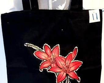 Floral Appliqued Black Tote Bag, Washable Fabric Bag