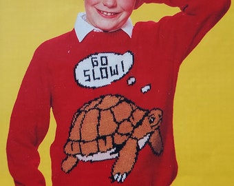 1 Knitting Pattern vintage knitted sweater PDF , sizes 24 - 40 inches chest measurement, with Go Slow words on tortoise, downloadable PDF