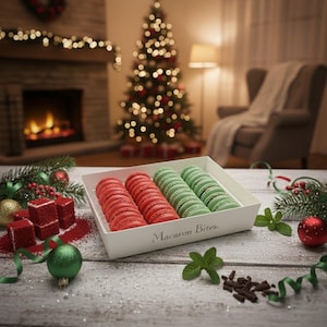May include: A white box of red and green macarons, labeled "Macaron Bites," sits on a rustic wooden table. The festive scene includes Christmas decorations, a lit tree, and a fireplace, creating a holiday atmosphere. The macarons are arranged in rows.