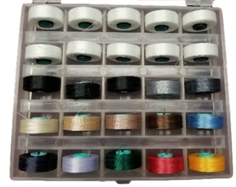 Magnetic Bobbin Sampler Plastic case & 25 Magna-Glide bobbins in 14 colors Size/Type L  Embroidery bobbins, quilting bobbins, sewing bobbins