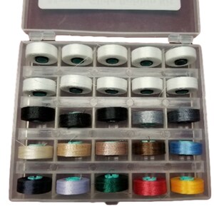 Magnetic Bobbin Sampler Plastic case & 25 Magna-Glide bobbins in 14 colors Size/Type L  Embroidery bobbins, quilting bobbins, sewing bobbins