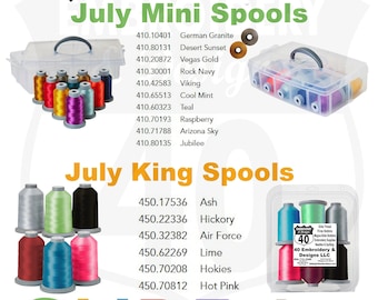 Glide thread of the Month Club. 10 Mini Spools or 6 King Spools with storage container. Polyester trilobal embroidery thread. Fil-tec colors