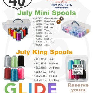 Hilo deslizante del Club del Mes. 10 Mini Spools o 6 King Spools con contenedor de almacenamiento. Hilo de bordado trilobal de poliéster. Colores Fil-tec