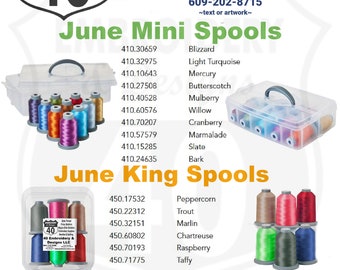 Glide thread of the Month Club. 10 Mini Spools or 6 King Spools with storage container. Polyester trilobal embroidery thread. Fil-tec colors