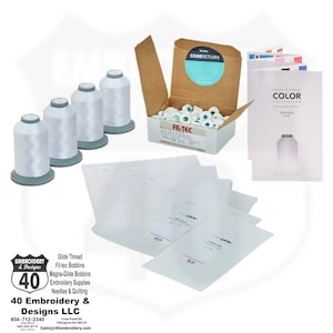 Kit de inicio de bordado con 4 carretes Glide King en 2 blancos / negros, caja de bobinas magnéticas L, carta de tarjetas de color de hilo y paquete de muestras de respaldo.