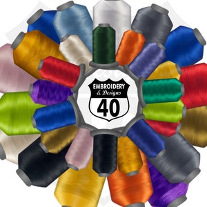 May include: A variety of 40 spools of embroidery thread in different colors, arranged in a circle. The spools are labeled "Embroidery & Designs 40".