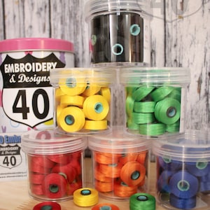 SIZE L, Pre-Wound Magnetic bobbins. Fil-Tec Magna-Glide DELIGHT bobbins. Free Shipping. Quantities of 10. Trilobal Polyester No 40