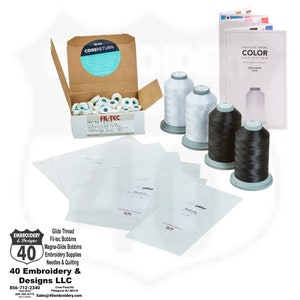 Kit de inicio de bordado con 4 carretes Glide King en 2 blancos / negros, caja de bobinas magnéticas L, carta de tarjetas de color de hilo y paquete de muestras de respaldo.