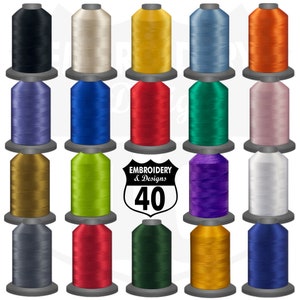 May include: Twenty spools of embroidery thread in various colors, including black, white, yellow, blue, red, green, gold, silver, and purple. The spools are arranged in a grid pattern on a white background. The text "Embroidery & Designs 40" is visible in the center of the image.