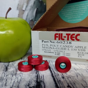 CANDY APPLE red pre-wound magnetic bobbin. Fil-Tec Magna-Glide Classic Embroidery Machine. Type / Class / Style L. Filament Polyester No 60