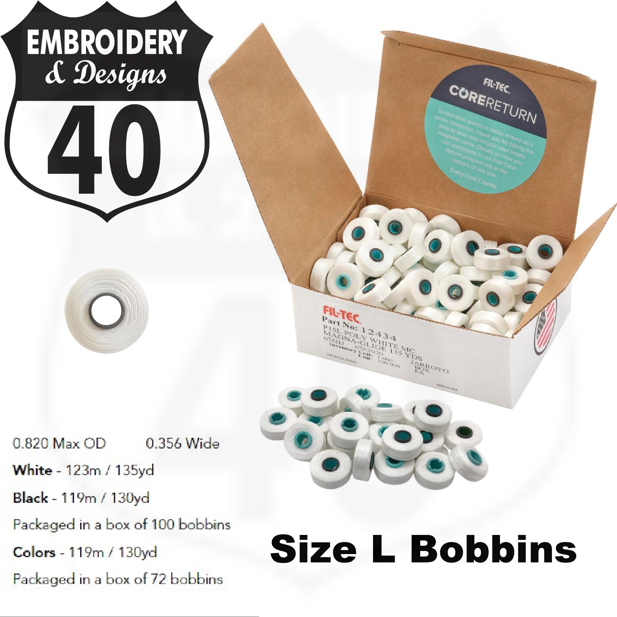 Brother Embroidery Machine Bobbins, White, Fits Entrepreneur Prox PR1050X  and Many Others. Pre-wound Magnetic Core. Poly 60, MAGNA-GLIDE 
