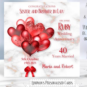 Personalised 40th Ruby Wedding Anniversary Card: Red Heart Balloons
