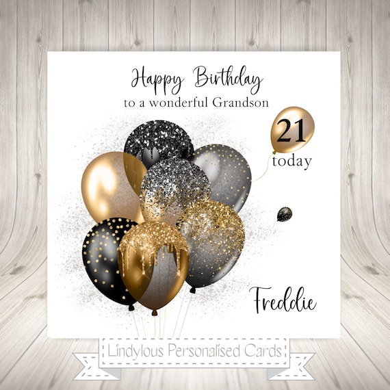 Black Gold Balloons Personalised Birthday Card Grandson Son | Etsy UK