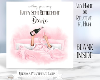Personalised Semi-Retirement Card: Champagne Design, Pink Theme in Bed