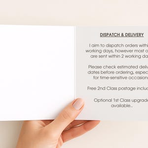 a person's hand holding a blank card, with text providing information about the card's contents.