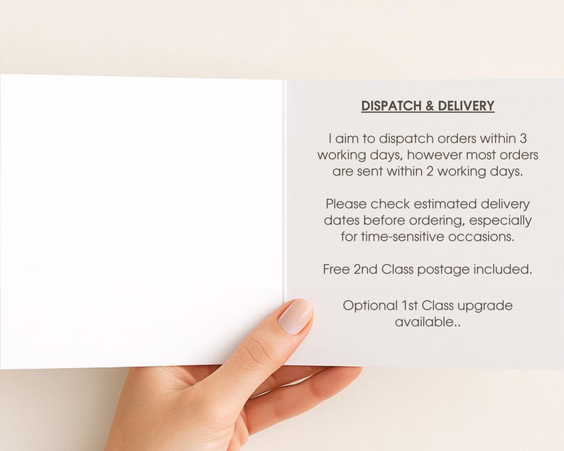a person's hand holding a blank card, with text providing information about the card's contents.