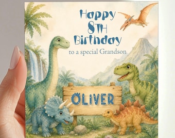 Tarjeta de cumpleaños personalizada de dinosaurio, para niños, nieto, hijo, sobrino, ahijado, T-REX