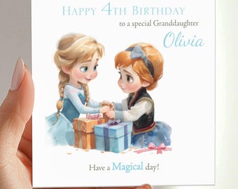 Puede incluir: Una tarjeta de felicitación cuadrada con dos personajes jóvenes ilustrados de cabello rubio y castaño sosteniendo regalos. El texto dice: Happy 4th Birthday to a special Granddaughter Olivia. Have a Magical day! Diseño en tonos azules y naranjas.