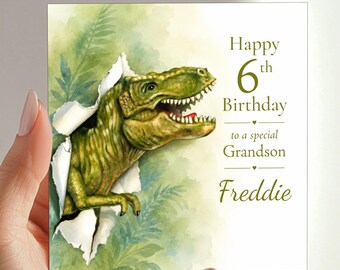 Tarjeta de cumpleaños personalizada de T-Rex para hijo, nieto, sobrino, ahijado, 10º