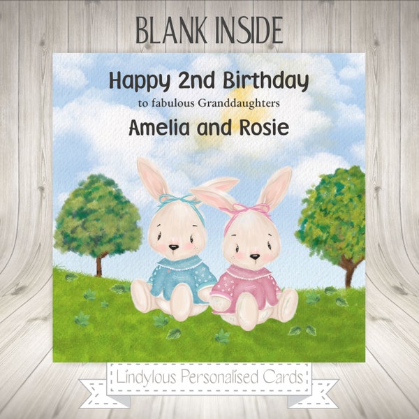 Twin Girl Bunny Rabbits Personalised Birthday Card Great Granddaughters Daughters Sisters Great Nieces Goddaughters Cousins 1st 2nd 3rd 4th