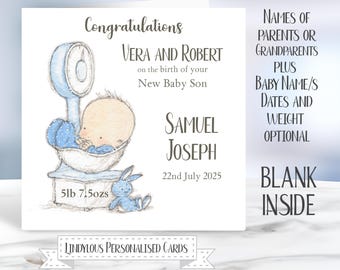 Personalized New Baby Son Card: Blue Weighing Scales Design
