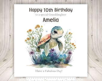 Turtle Flowers Birthday Personalised Card Great Granddaughter Niece Daughter Goddaughter Sister Auntie Mum Godmother Wife 40 50 16 13