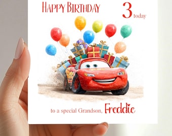 Personalised Cars Lightening McQueen, Birthday Card for Grandson, Nephew, Son, Godson, Brother, Cousin, 3rd