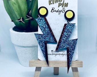 Blue Glitter Lightning Bolt Earrings // Laser Cut Acrylic Earrings - Fashion Jewellery - Costume Jewellery - Perfect Letterbox Gift
