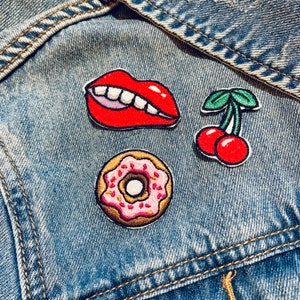 KingPin Patches TASTY Patch Set - Embroidered Patches Iron or Sew On | Fruity Donuts Cherries Lips |  Letterbox Gift