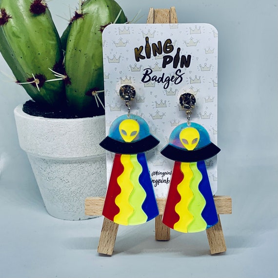 Alien Rainbow UFO Spaceship Earrings // Laser Cut Acrylic Earrings - Fashion Jewellery - Costume Jewellery - Perfect Letterbox Gift