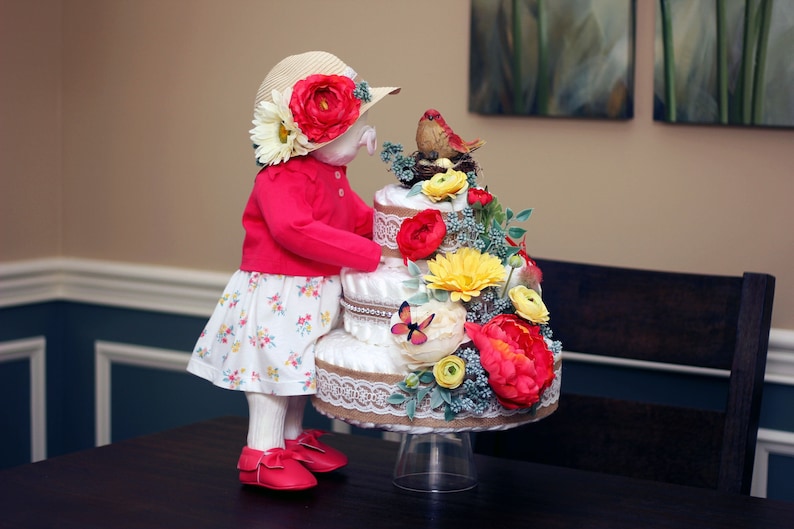 Unique Original Custom-Made Standing Baby Girl /& Floral Diaper Cake Creations Baby Shower Centerpiece Decor 2 piece Rustic Vintage Burlap