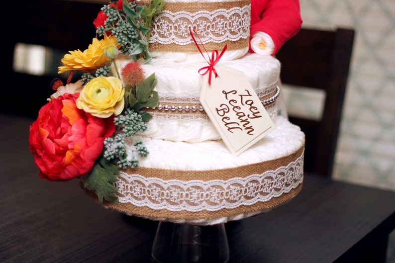 Unique Original Custom-Made Standing Baby Girl /& Floral Diaper Cake Creations Baby Shower Centerpiece Decor 2 piece Rustic Vintage Burlap