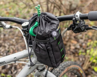 Bike packing handlebar bag. Bike snack bag KasyBag Pocket Pack black green color. Cycling gear accessory.