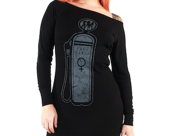 Ladies Black Longline T shirt dress | Long sleeved | Fuel Pump Logo | Official Fuel Girls Merchandise