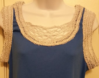 Women's blue tank/Women's crochet tank/Blue and Ivory tank/Ivory crocheted tank/blue crochet tank/Women's gift/Women's clothes
