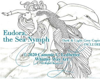 Eudora, the Sea Nymph - Premium Adult Greyscale Coloring Page PDF